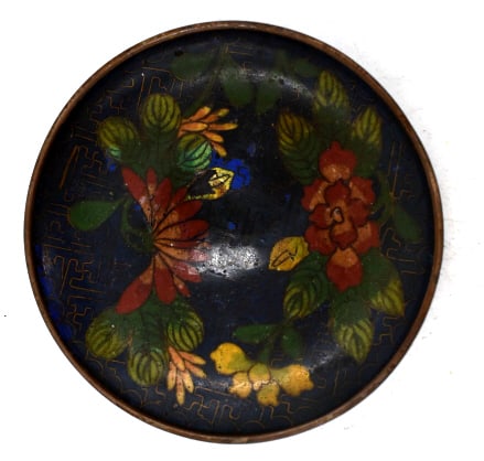 Oriental Clossine on Copper Dish: .5 inches by 3.75 inches, unmarked, as is, see photos