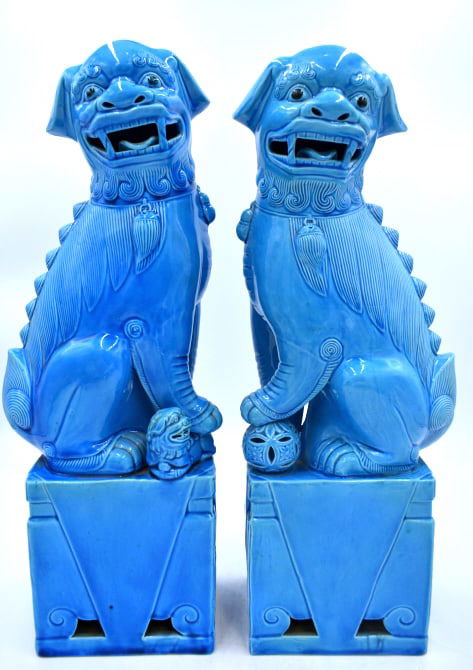 Pair of Large Blue Glazed Foo Dogs Figurines: 18 inches by 5.25 inches by 4.5 inches, stamped on the bottom, no damage, see photos
