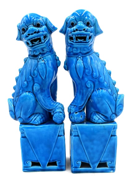 Pair of Blue Glazed Foo Dog Figurines: 12 inches by 2.5 inches by 3 inches, stamped on the bottom, no damage, see photos