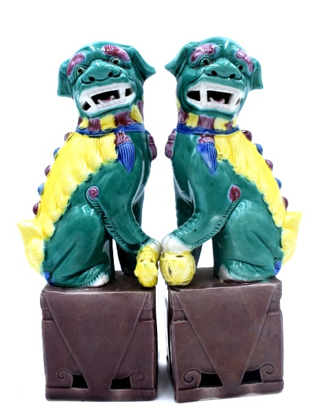 Pair of Green and Yellow Glazed Foo Dogs: 8 inches by 3.5 inches, stamped on the bottom, no damage, see photos
