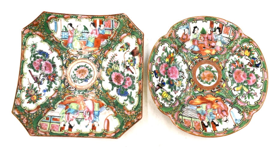 2 Chinese Rose Medallion Hand-painted Plates: Circle measures 1.25 inches by 7 inches, square measures 1.25 inches by 7.25 inches, both unmarked and with only slight chips on the square Plate,