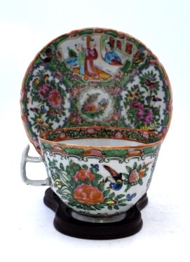 Chinese Rose Medallion Cup and Saucer with Stand: Saucer measures 1 inch by 5.75 inches, and cup measures 2.5 inches by 4.5 inches, unmarked, faded, see photos