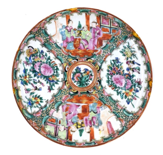 Chinese Rose Medallion Hand-painted Plate: .75 inches by 8.75 inches, unmarked, with slight chips on the edge, see photos