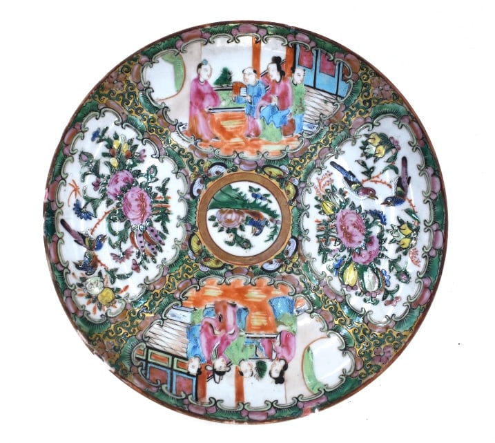 Chinese Rose Medallion Hand-painted Plate: 1 inch by 8.5 inches, unmarked, with chips on the edge, see photos