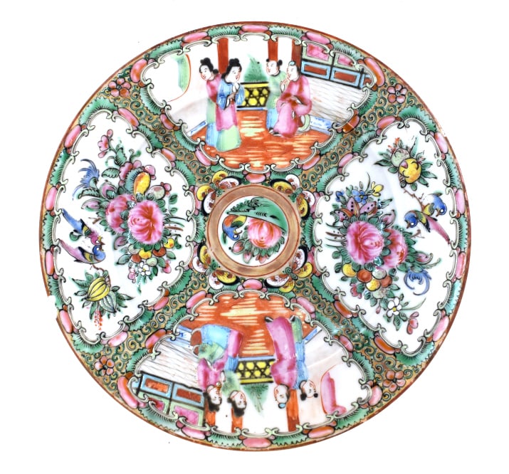 Chinese Rose Medallion Hand-painted Plate: .75 inches by 8.25 inches, unmarked, with a slight chip on the edge, see photos
