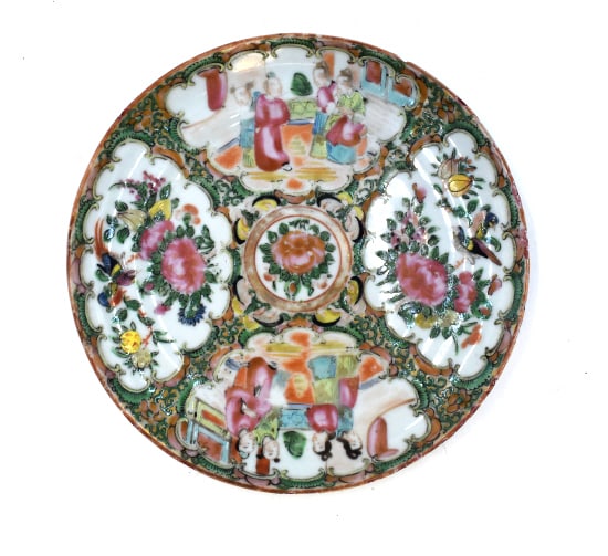 Chinese Rose Medallion Hand-painted Plate: .75 inches by 8 inches, unmarked, faded paint and chips on edge, see photos