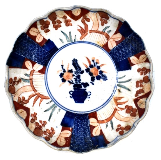 Japanese Hand-painted Porcelain Imari Plate: 1.25 inches by 8.5 inches, unmarked, with slight cracking, see photos