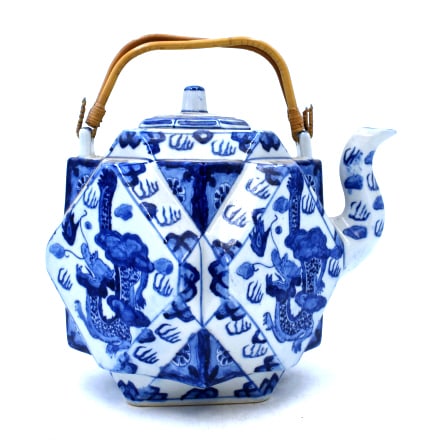 Japanese Dragon Motif Blue and White Teapot: 10 inches by 10 inches, marked on the bottom, undamaged, see photos