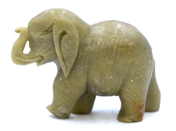 Chinese Soapstone Elephant Figurine: 2.25 inches by 3 inches, marked on the bottom, with a chip on the bottom of the foot, see photos