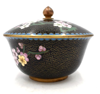 Clossine Enameled Lidded Bowl: 4.25 inches tall by 5 inches wide, unmarked, no damage, see photos.