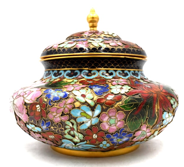 Clossine Enameled Lidded Vase: 6 inches tall by 7 inches wide, unmarked, little wear inside, see photos.