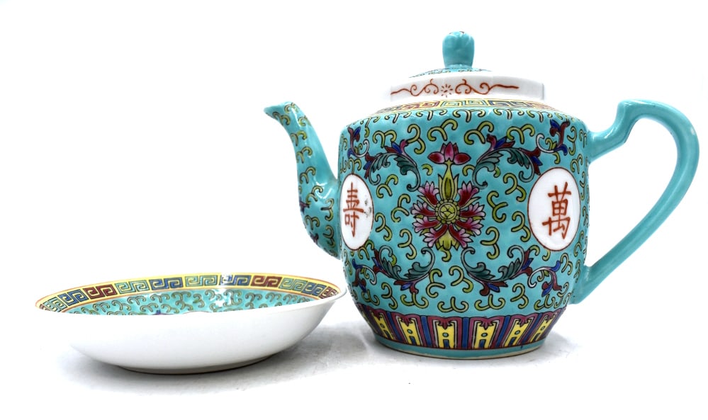 Chinese Handpainted Teapot with Underplate: The plate measures 1.5 inches by 5.5 inches, and the teapot measures 6.5 inches by 8.75 inches. Both are marked on the bottom, with no damage. See photos.