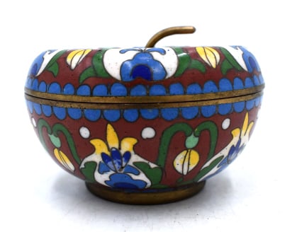 Clossine On Brass Lidded Jar: 2 inches by 3 inches, unmarked, slight damage to the inside of the lid, see photos