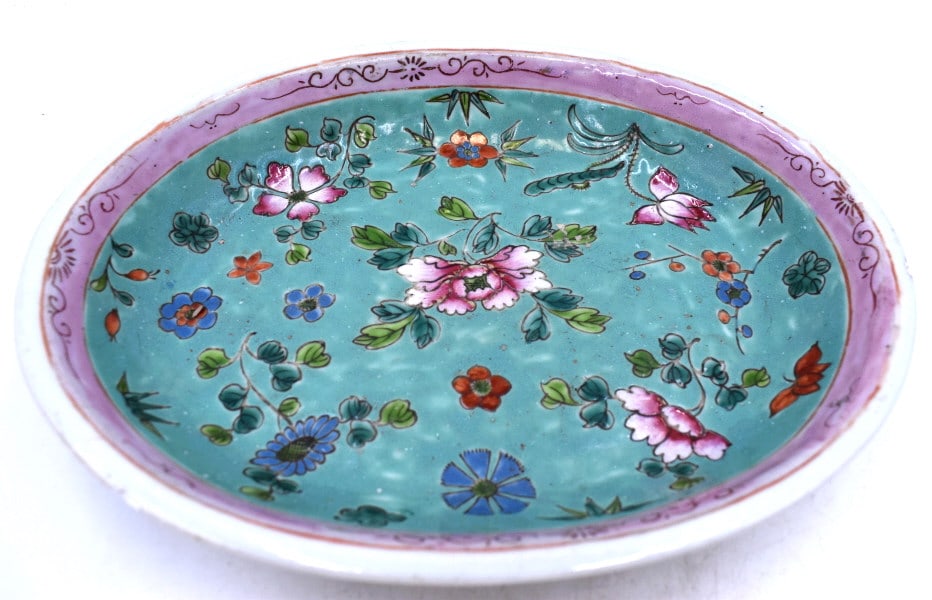 Chinese Hand-painted Dish: 1.5 inches by 11.25 inches, marked on the bottom, chip on the rim, see photos