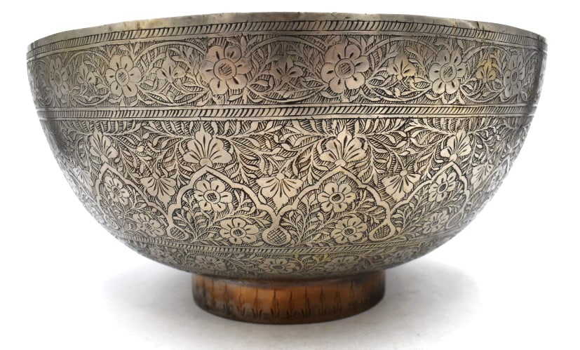 Ornate Silver over Copper Centerpiece Bowl: 6.25 inches by 12.5 inches, unmarked and undamaged, see photos