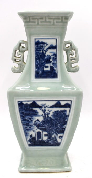 Japanese Blue and White Double-Handled Urn: 11.5 inches by 2.25 inches, unmarked and undamaged, see photos