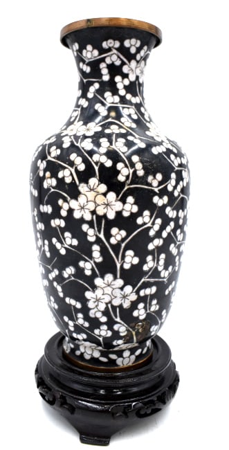 Chinese Clossine Vase with Stand: 8.25 inches by 4 inches, marked on the bottom, as is, see photos