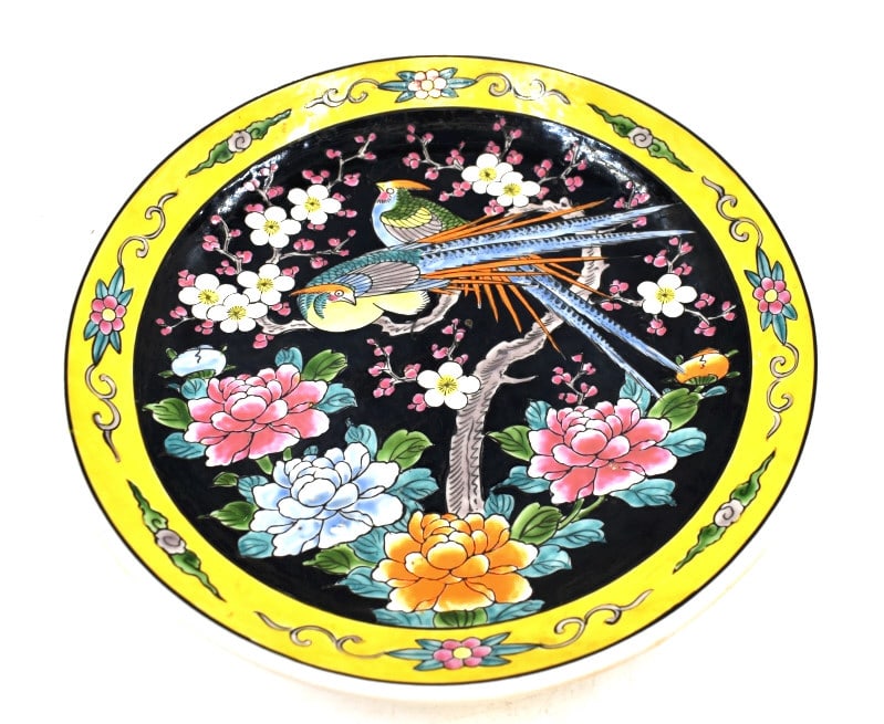 Japanese Hand-painted Black Ground Plate: 1.75 inches by 12 inches, marked on the bottom, no damage, see photos