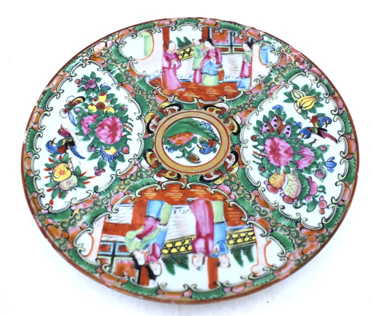 Hand-painted Rose Medallion Plate: .75 inches by 8 inches, unmarked, with small chips, see photos