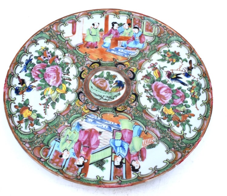 Hand-painted Roee Medallion Plate: .75 inches by 9.5 inches, unmarked, with small chips, see photos
