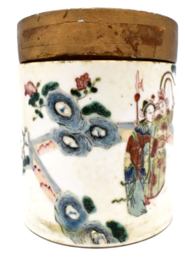 Hand-painted Oriental Lidded Jar: 6 inches by 5 inches, unmarked, as is, lid and chips on inside rim, see photos