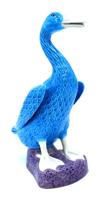 Chinese Hand-painted Blue Porcelain Duck: 10 inches by 6 inches, marked on the bottom, no damage, see photos