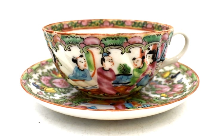 Imari Rose Teacup and Plate: Plate is .75 inches tall and 5.25 inches wide and the teacup is 2 inches tall by 4.5 inches wide, unmarked, no damage, see photos.