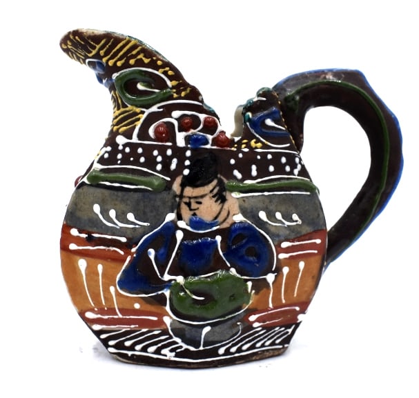 Mini Hand Painted Ceramic Pitcher: 3 inches tall by 3.5 inches wide, unmarked, no damage, see photos.