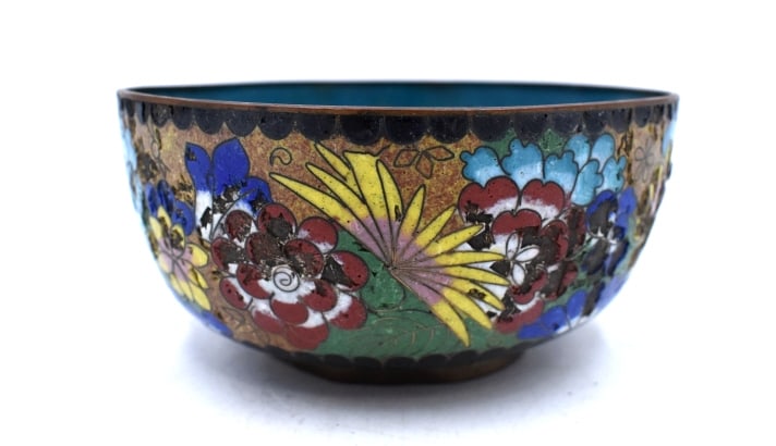 Clossine Bowl: 2 inches tall by 4.25 inches wide, unmarked, chipping inside and outside, as is, see photos.