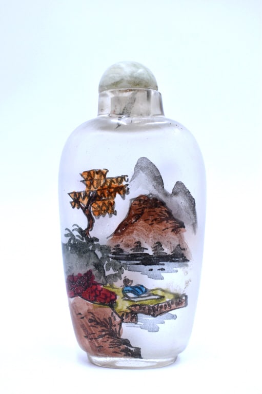 Reverse Hand Painted Glass Snuff Bottle: 3.25 inches tall by 1.5 inches wide, unmarked, broken cap, see photos.