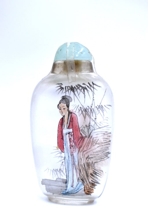 Reverse Hand Painted Glass Snuff Bottle: 3.25 inches tall by 1.5 inches wide, unmarked, cap broken, see photos.
