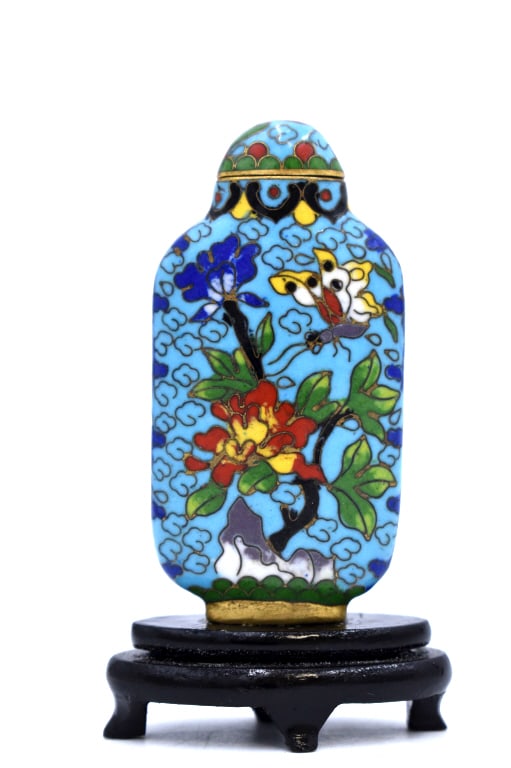 Clossine Snuff Bottle w/ Stand: 2.5 inches tall by 1.25 inches wide, unmarked, no damage, see photos.