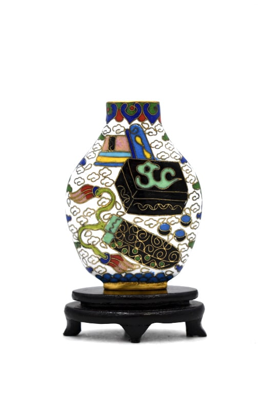 Cloisonné Snuff Bottle w/ Stand: 2.5 inches tall by 1.75 inches tall, unmarked, no damage, see photos.