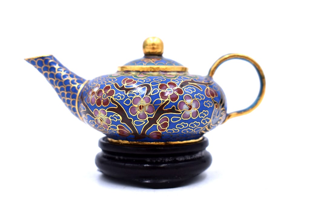 Mini Cloisonné Teapot w/ Stand: 2 inches tall by 4.25 inches wide, sticker on bottom, no damage, see photos.