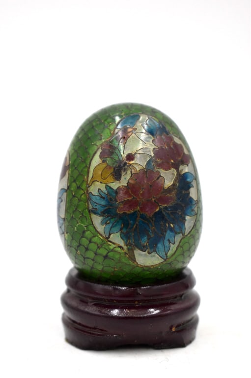 Cloisonné Egg w/ Stand: 1.75 inches tall by 1.5 inches wide, unmarked, no damage, see photos.