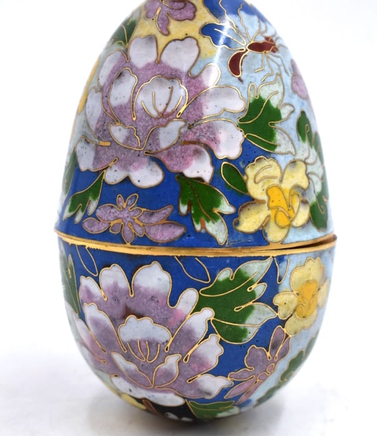 Hinged Cloisonné Egg: 5.25 inches tall by 3 inches wide, unmarked, no damage, see photos.