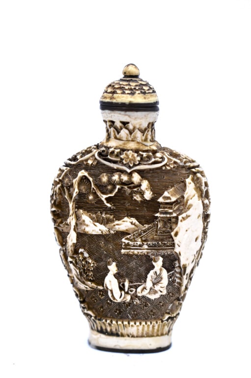 Hand Carved Snuff Bottle: 3 inches tall by 1.5 inches wide, marked on bottom, no damage, see photos.