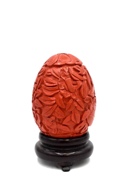 Hand Carved Cinnabar Egg w/ Stand: 2.25 inches tall by 1.5 inches wide, unmarked, no damage, see photos.
