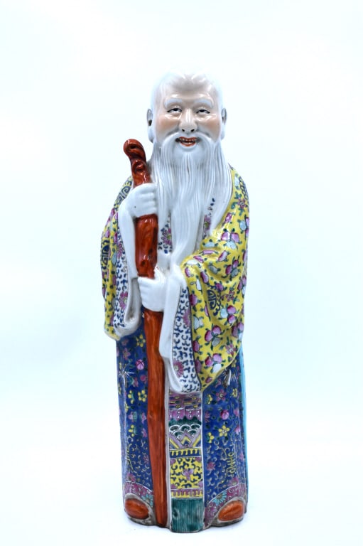 Hand Painted Oriental Wise Man Diety: 18 inches tall by 6 inches wide, unmarked, no damage, see photos