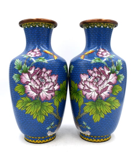 Pair of Large Cloisonné Vases: Each is 12.25 inches tall and 6 inches wide, unmarked, no damage, see photos.