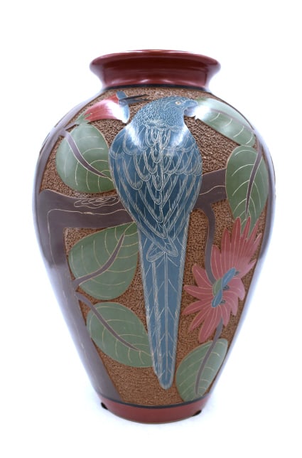 South American Bird Vase: 13.5 inches tall by 9 inches wide, signed on bottom, no damage, see photos.