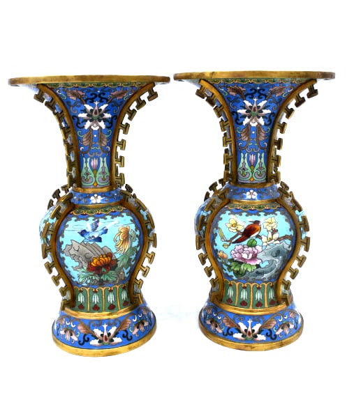 Pair of Cloisonné Brass Vases: Each vase is 10.25 inches tall and 5.5 inches wide, sticker on bottom of one, no damage, please see photos.