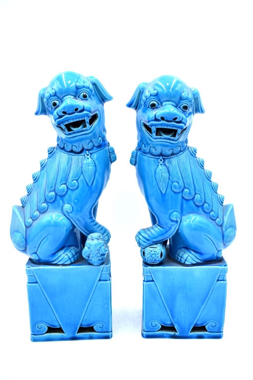 Pair of Blue Glazed Foo Dogs: Pair is 14 inches tall by 6 inches wide, stamped on bottom, no damage, see photos.