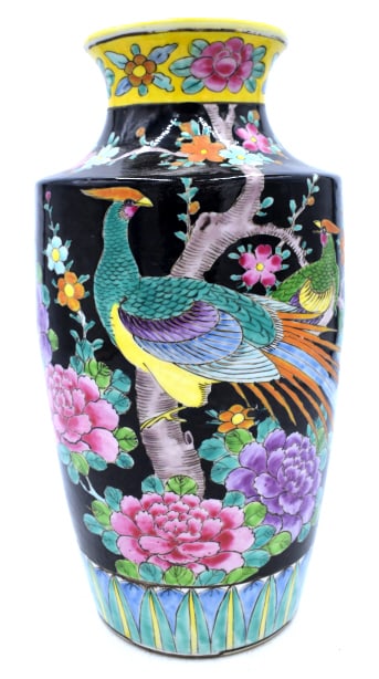Hand Painted Black Ground Oriental Vase: 11.75 inches tall by 6.25 inches wide, marked on bottom, no damage, see photos.