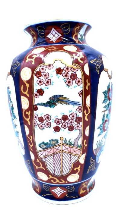 Hand Painted Imari Vase: 12 inches tall by 7.5 inches wide, marked on bottom, no damage, see photos.