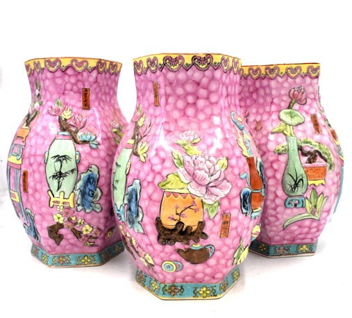 3 Pink Ground Hand Painted Vases: 12.25 inches tall by 8 inches wide, unmarked, no damage, see photos.