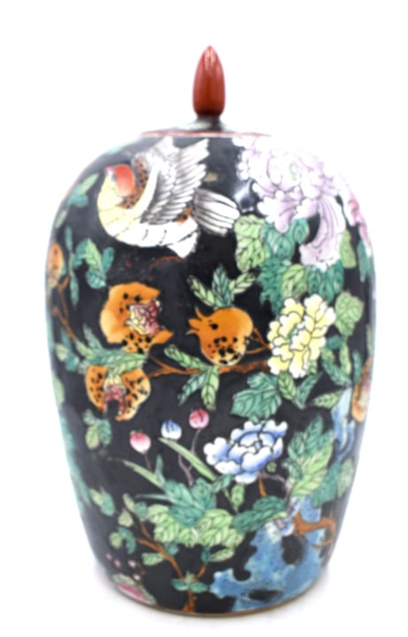 Hand Painted Black Ground Ginger Jar Vase: 13.5 inches tall by 8 inches wide, marked on bottom, no damage, see photos.