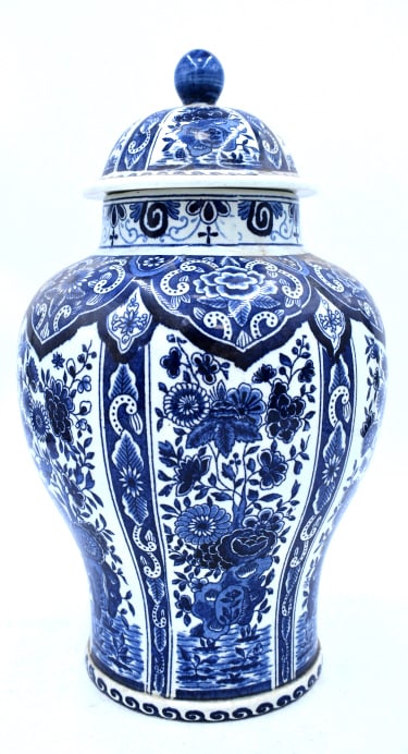 Blue and White Lidded Jar: 13 inches tall by 8 inches wide, marked on bottom, no damage, see photos.