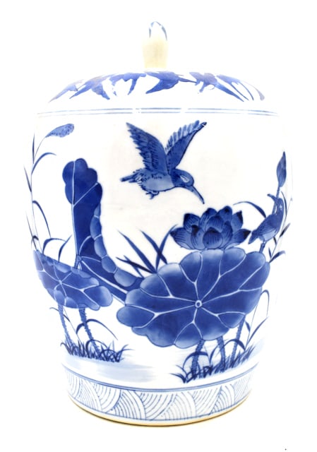 Blue and White Lidded Jar: 12.25 inches tall by 8.25 inches tall, unmarked, no damage, see photos.