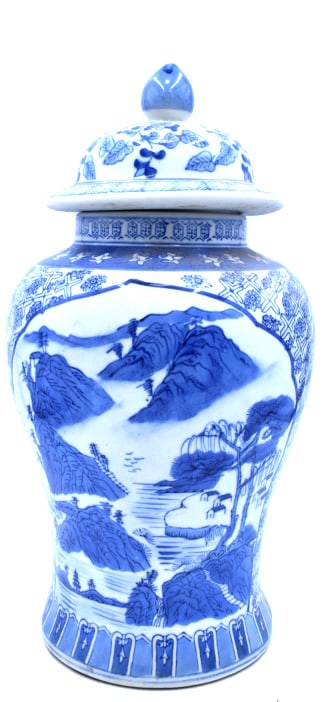 Large Blue and White Lidded Jar: 16 inches tall by 8.5 inches wide, unmarked, no damage, see photos.